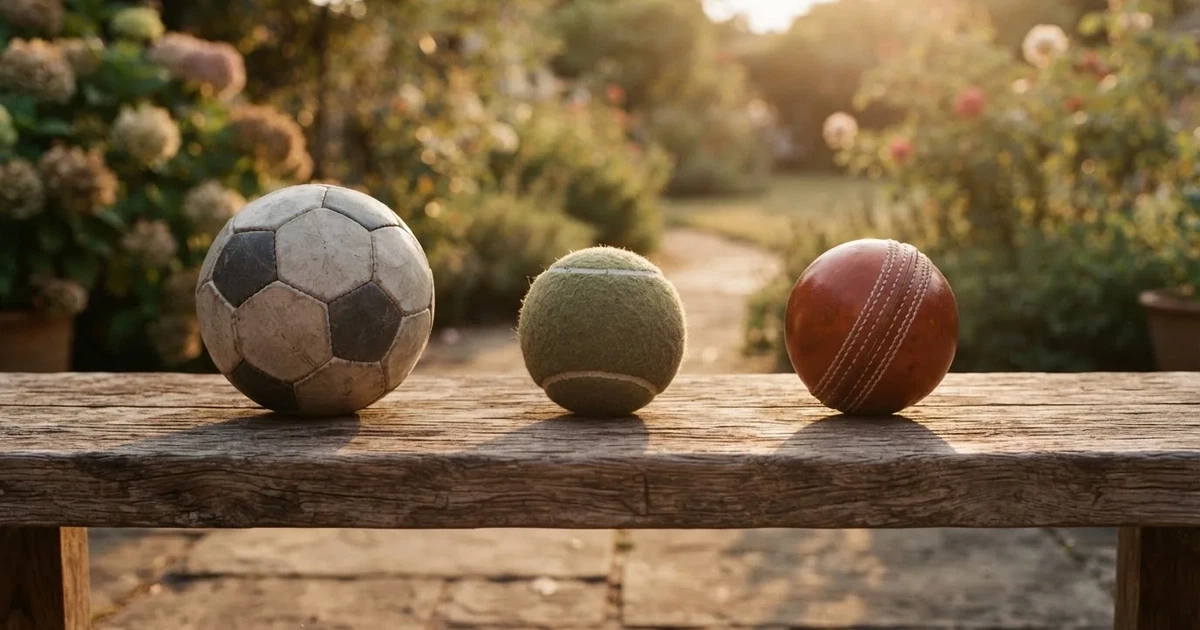 Three balls of different kinds side by side on a wooden bench