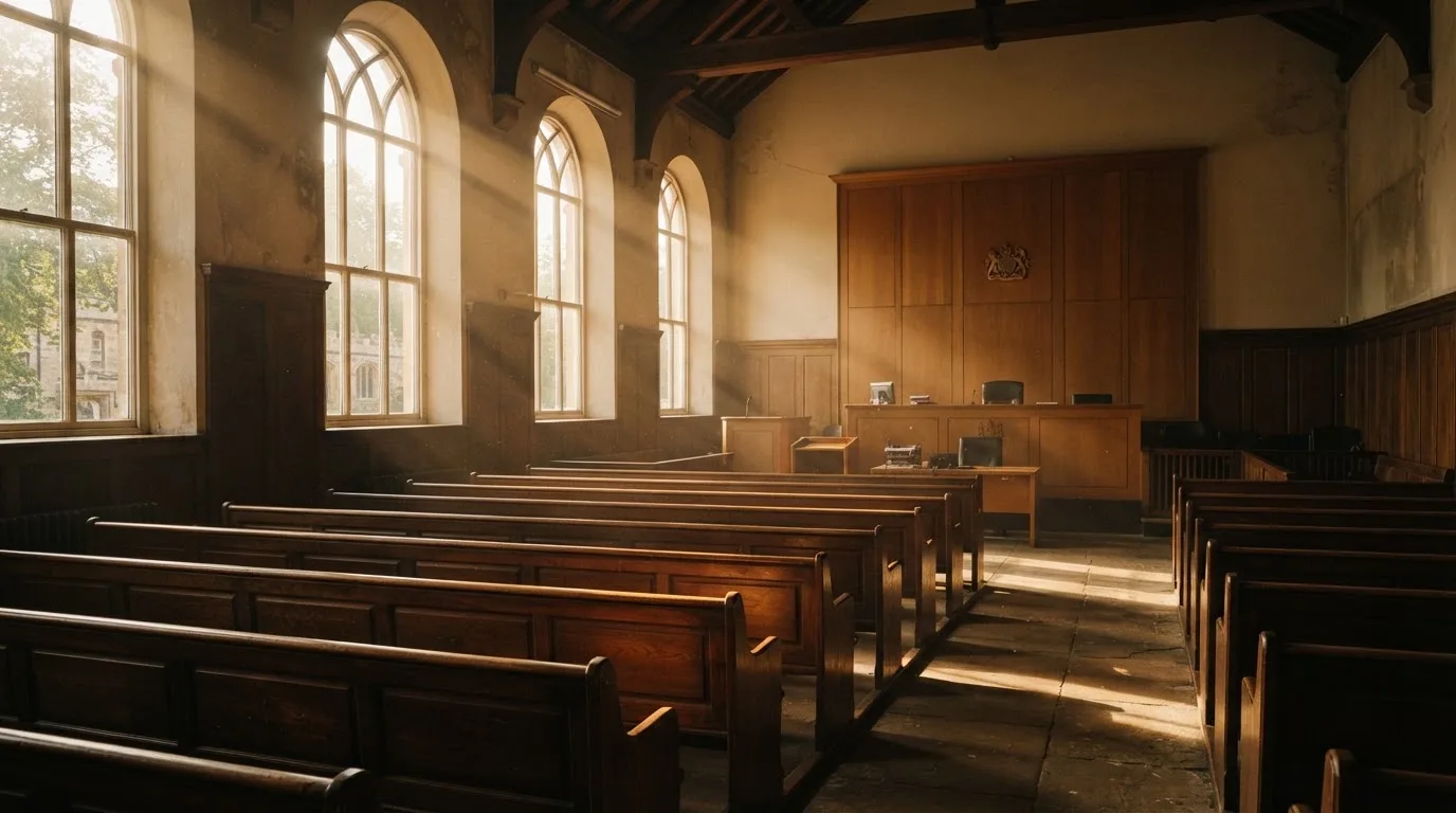 An empty courtroom with wooden benches in morning light