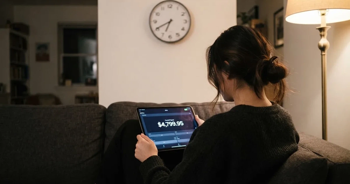 A person on a sofa looking thoughtfully at a tablet, a wall clock in the background