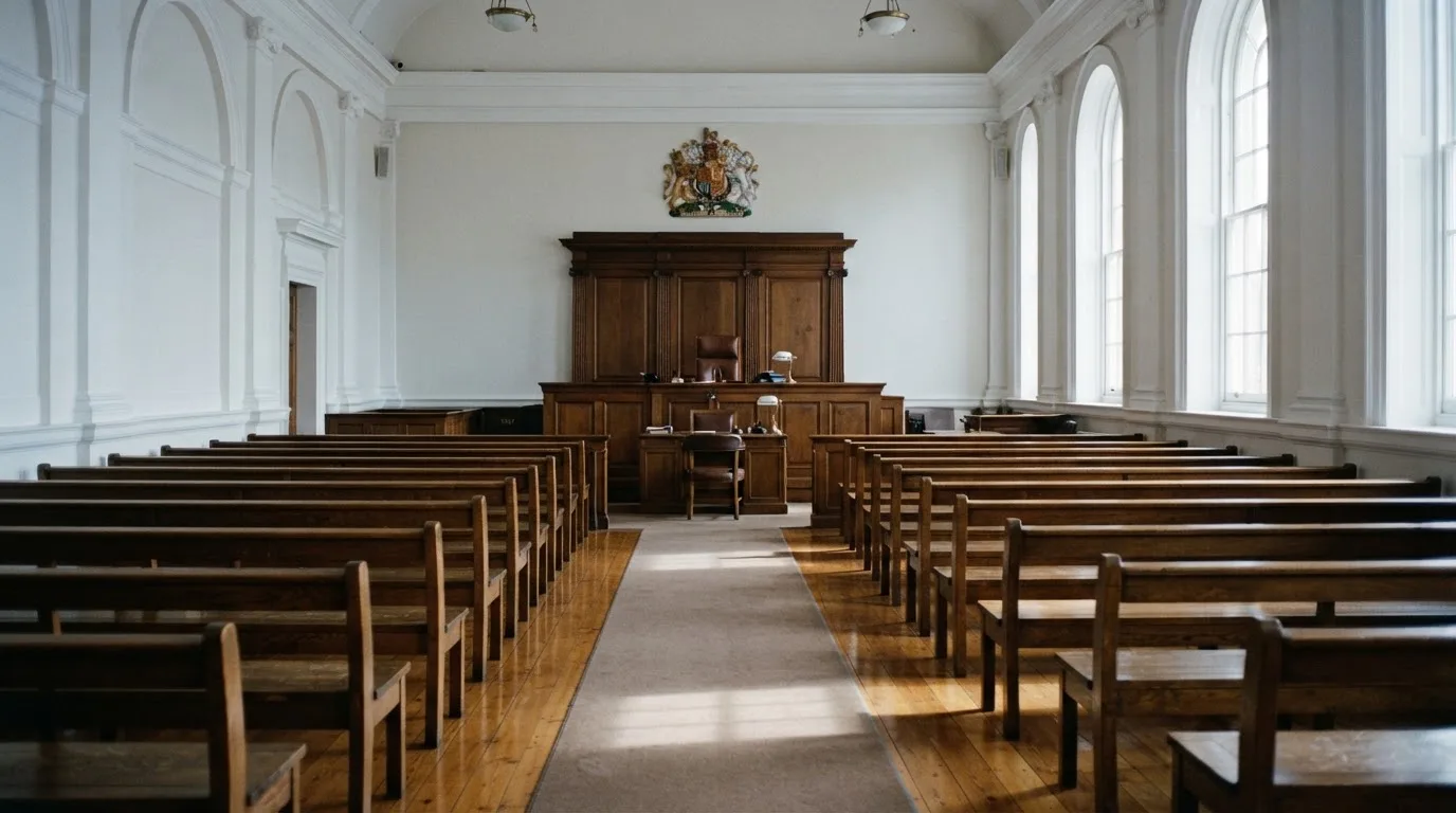 An empty courtroom with wooden benches in morning light