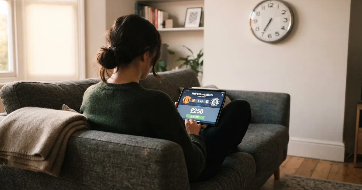 A person on a sofa looking thoughtfully at a tablet, a wall clock in the background