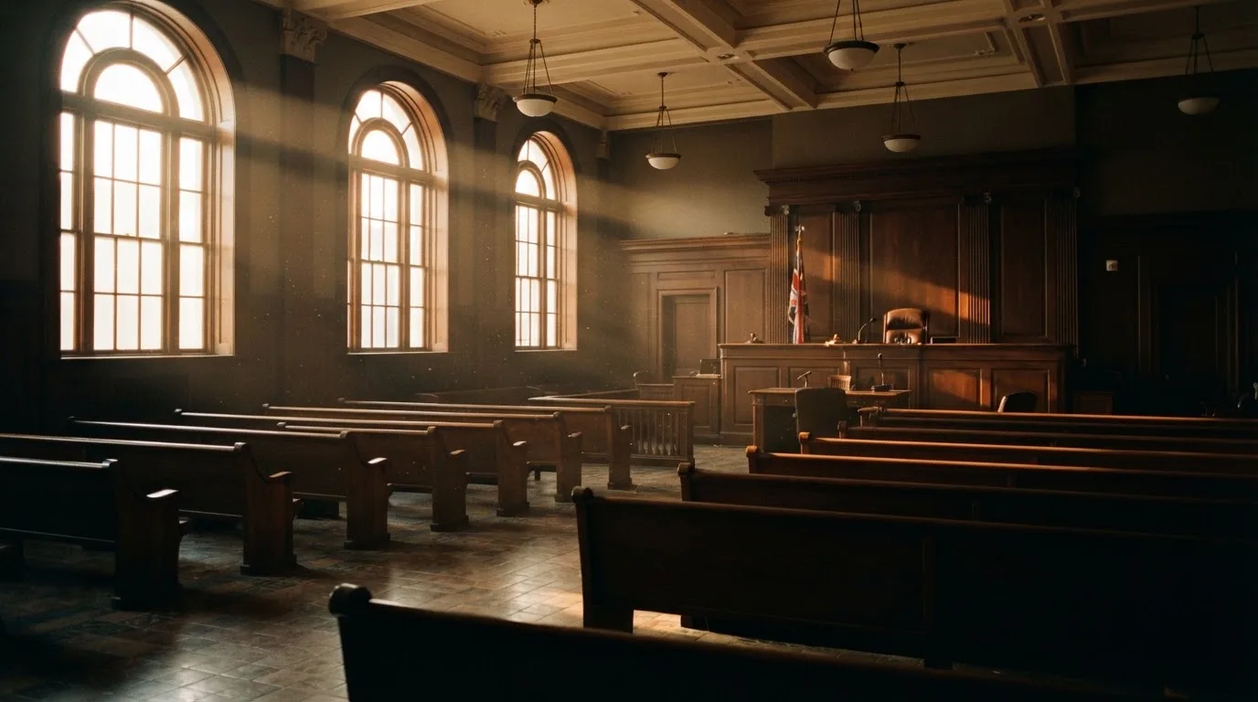 An empty courtroom with wooden benches in morning light