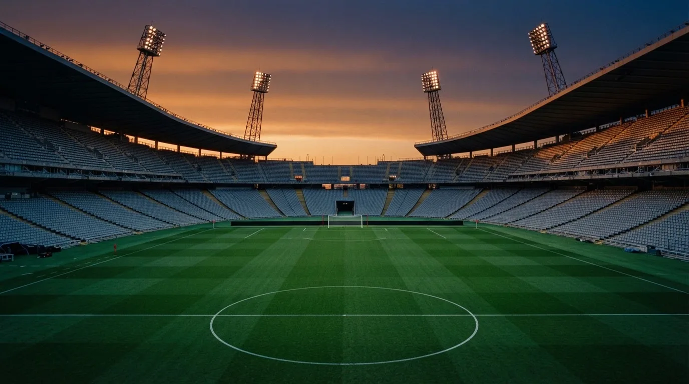An empty football stadium with floodlight masts at dusk