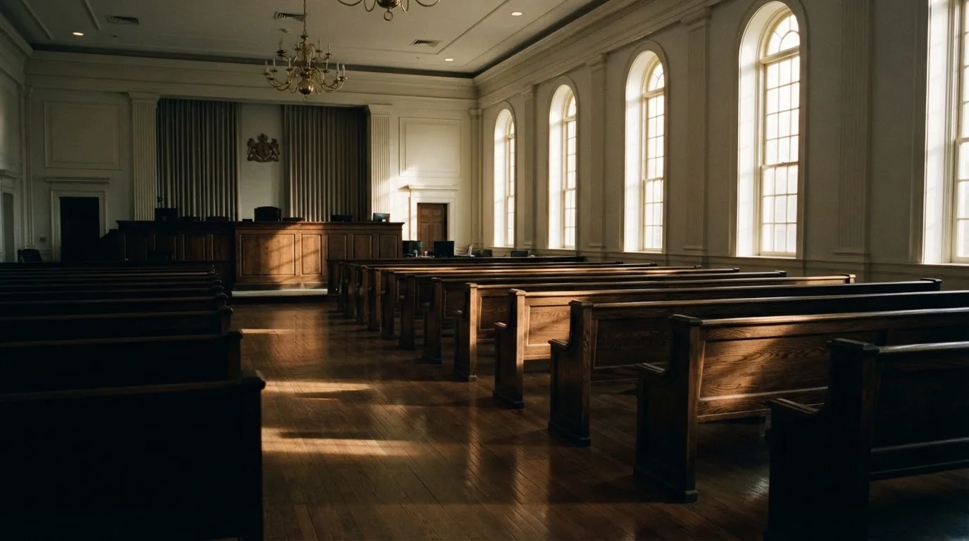 An empty courtroom with wooden benches in morning light