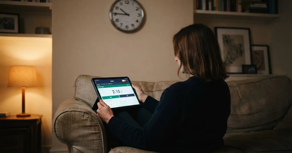 A person on a sofa looking thoughtfully at a tablet, a wall clock in the background