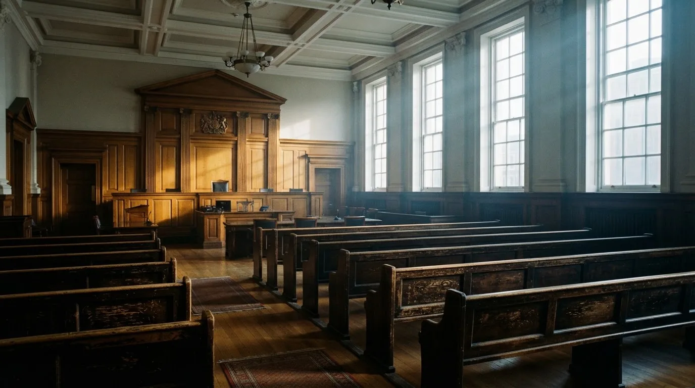 An empty courtroom with wooden benches in morning light