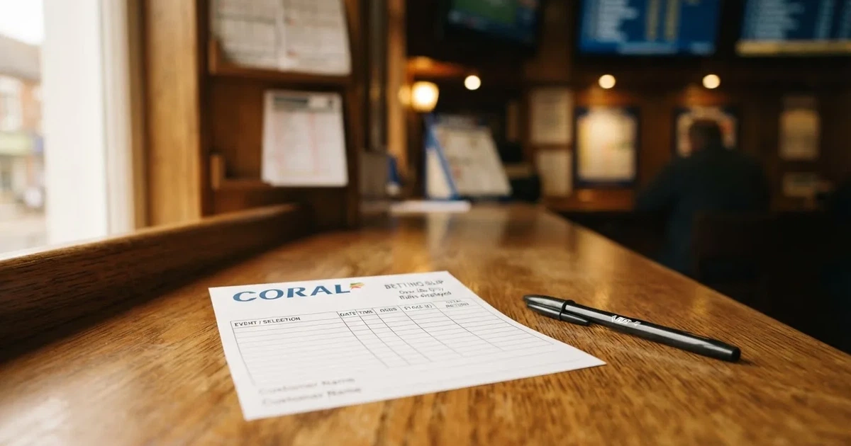 A blank paper betting slip beside a pen on a wooden counter