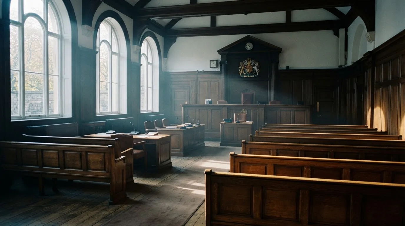 An empty courtroom with wooden benches in morning light
