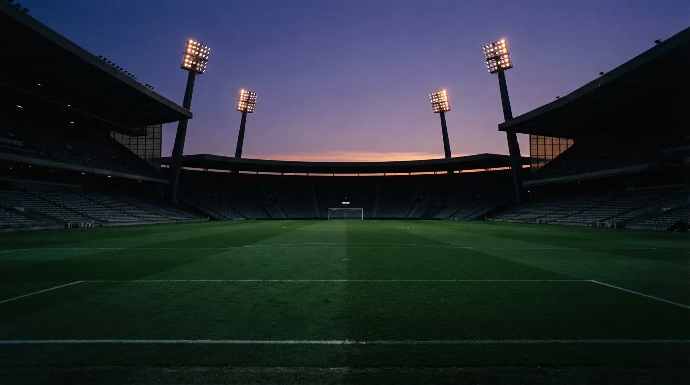 An empty football stadium with floodlight masts at dusk