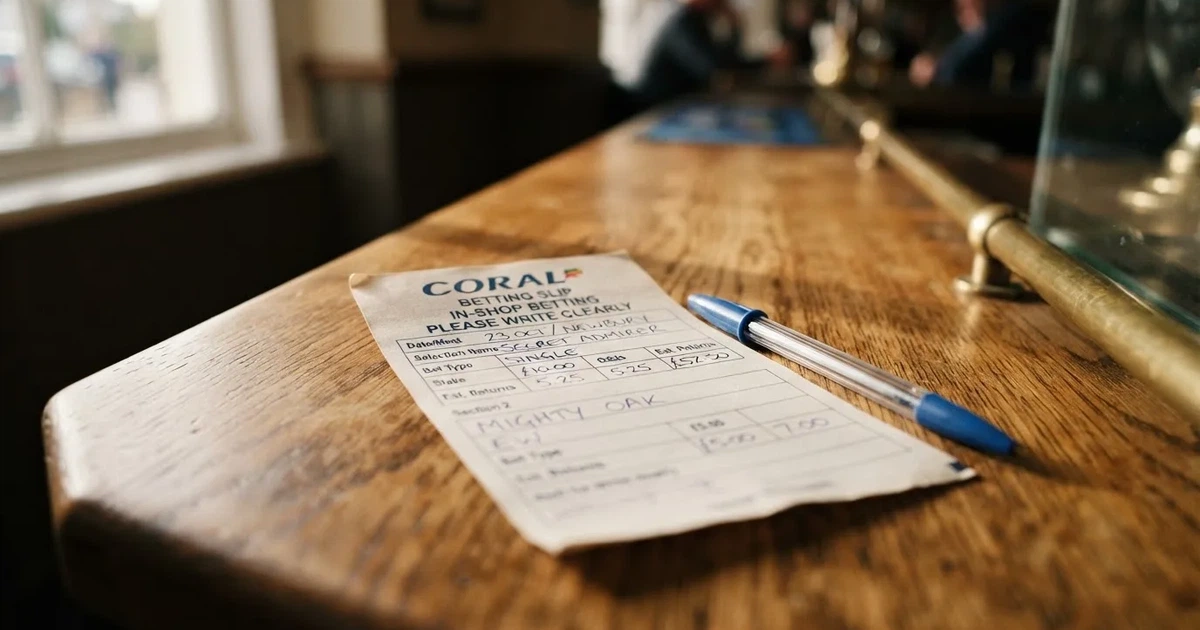 A blank paper betting slip beside a pen on a wooden counter