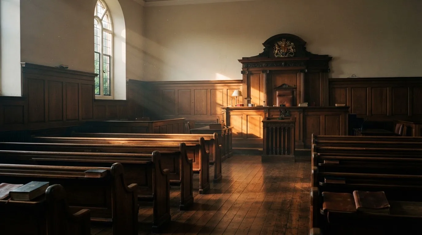 An empty courtroom with wooden benches in morning light