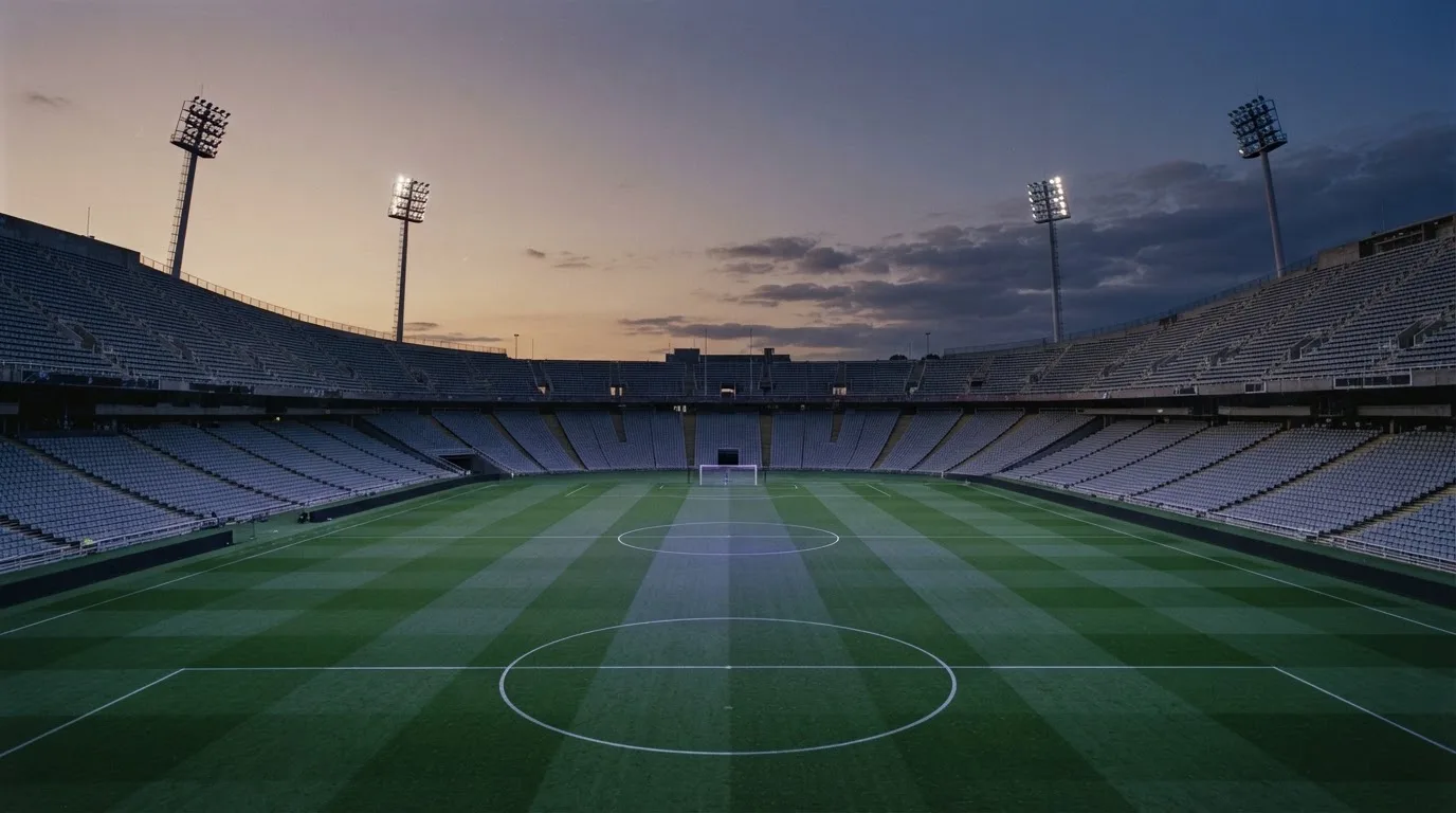 An empty football stadium with floodlight masts at dusk