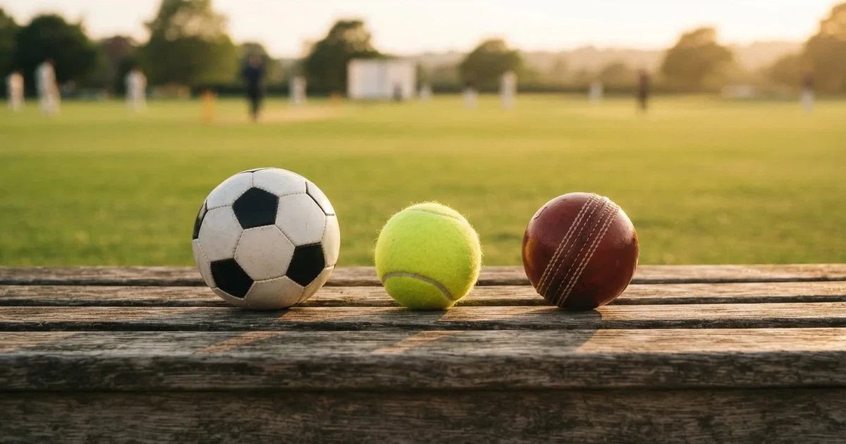 Three balls of different kinds side by side on a wooden bench