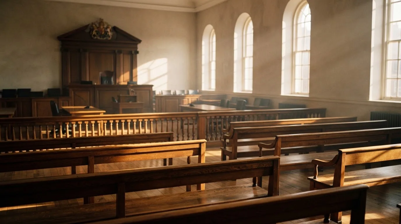 An empty courtroom with wooden benches in morning light