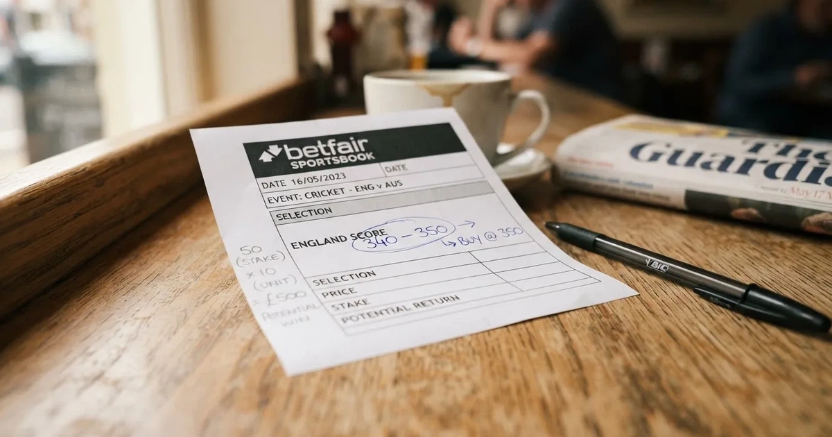 A blank paper betting slip beside a pen on a wooden counter