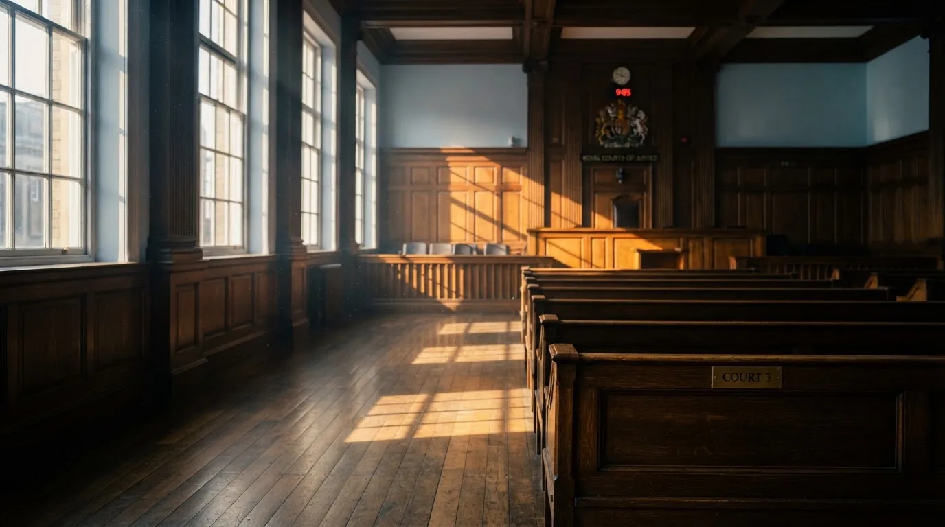 An empty courtroom with wooden benches in morning light