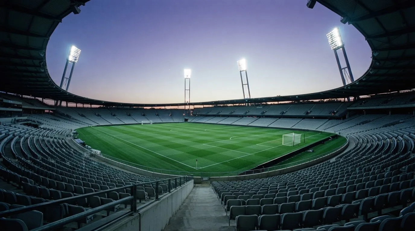 An empty football stadium with floodlight masts at dusk
