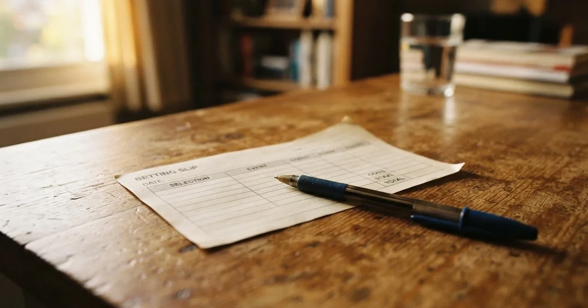 A blank paper betting slip beside a pen on a wooden counter