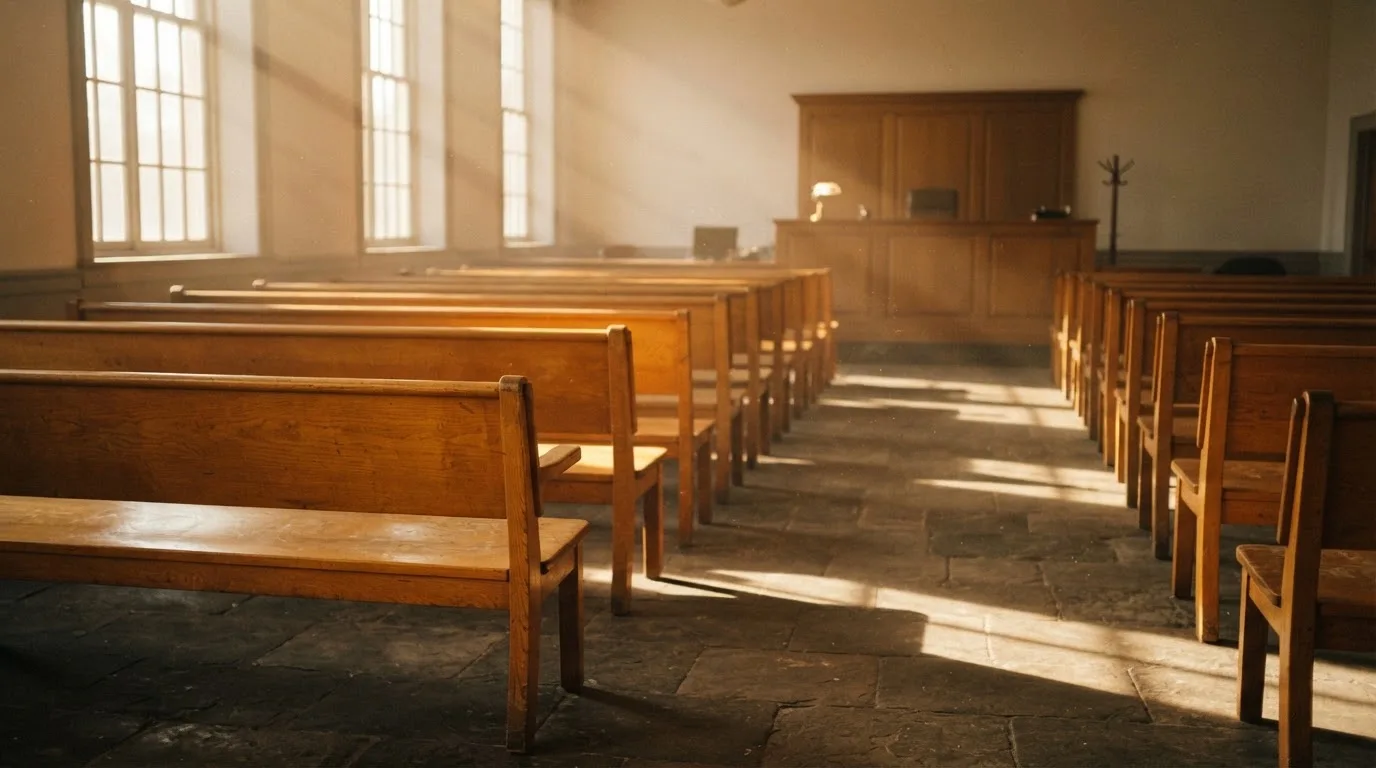 An empty courtroom with wooden benches in morning light