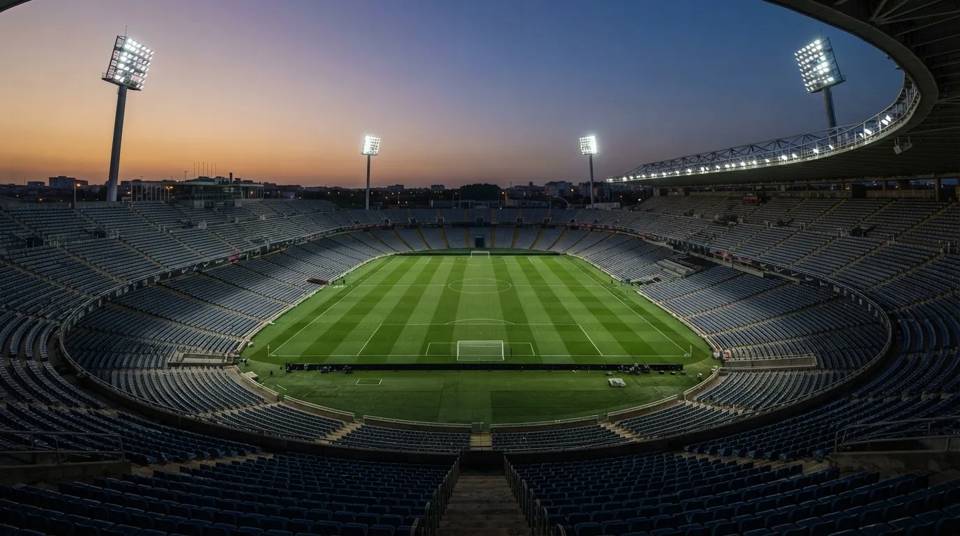 An empty football stadium with floodlight masts at dusk