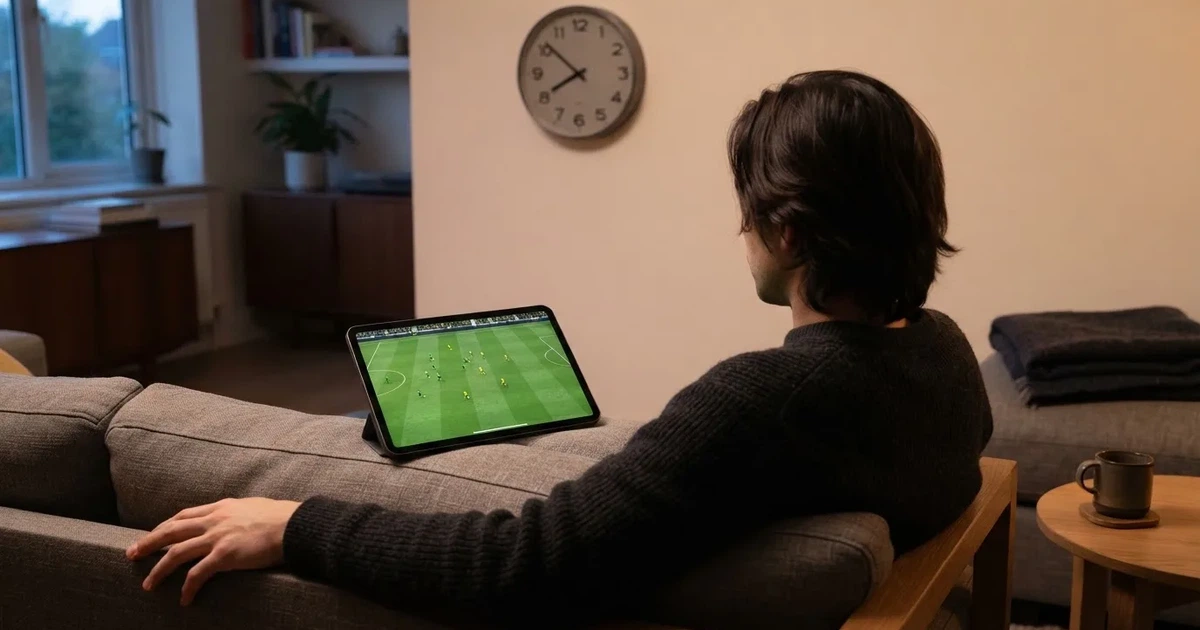 A person on a sofa looking thoughtfully at a tablet, a wall clock in the background