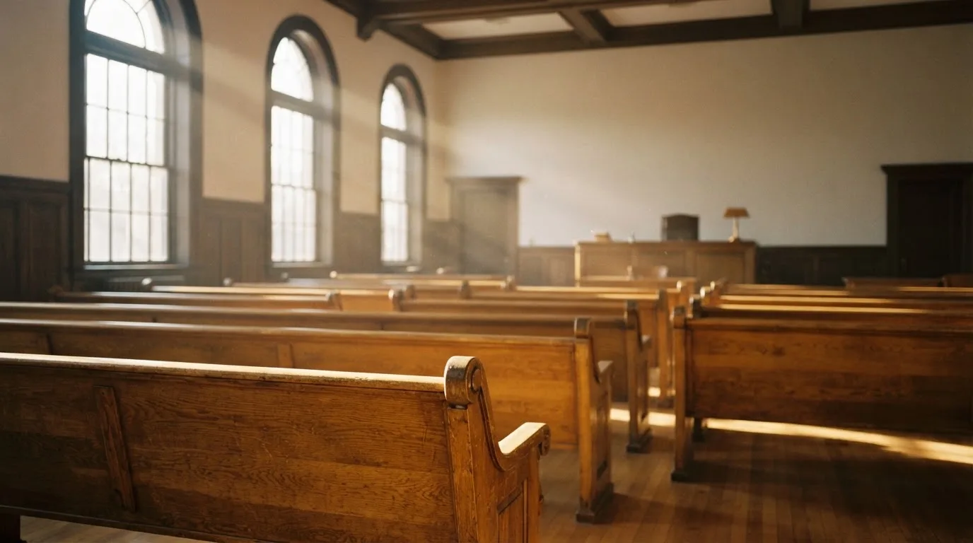 An empty courtroom with wooden benches in morning light