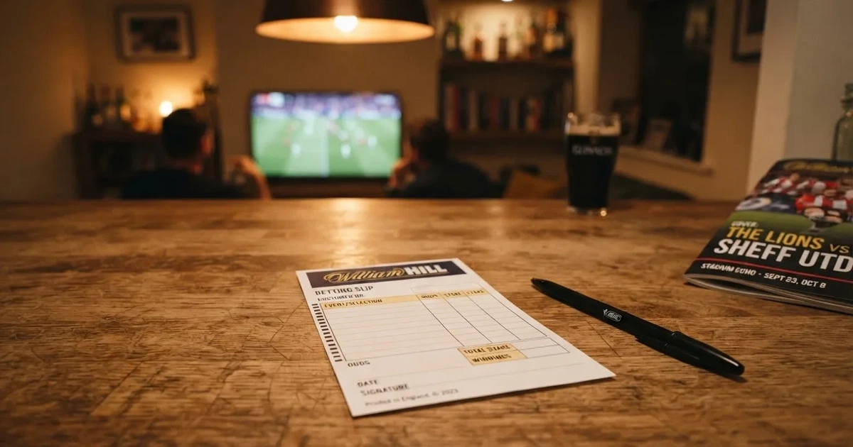 A blank paper betting slip beside a pen on a wooden counter