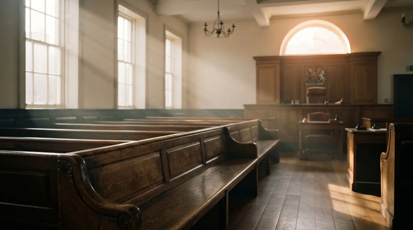 An empty courtroom with wooden benches in morning light