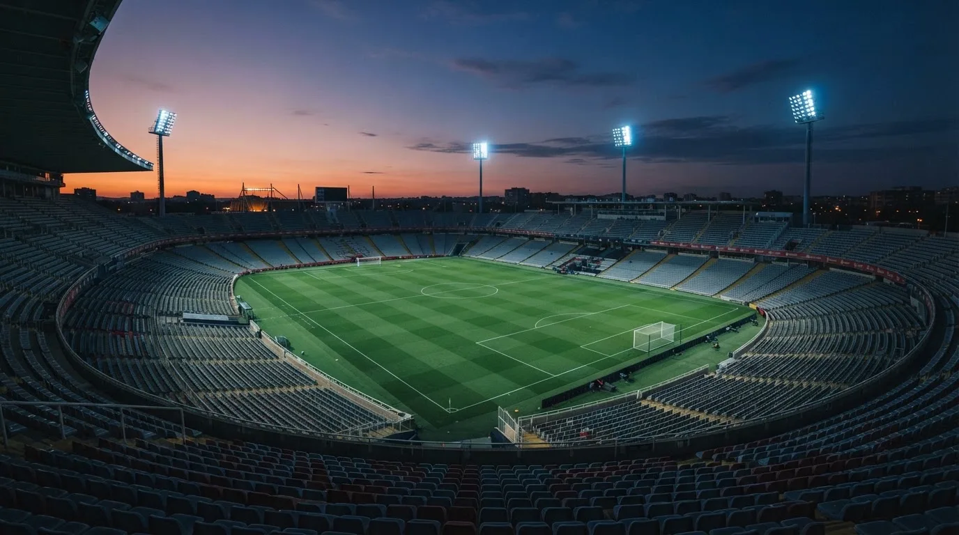 An empty football stadium with floodlight masts at dusk