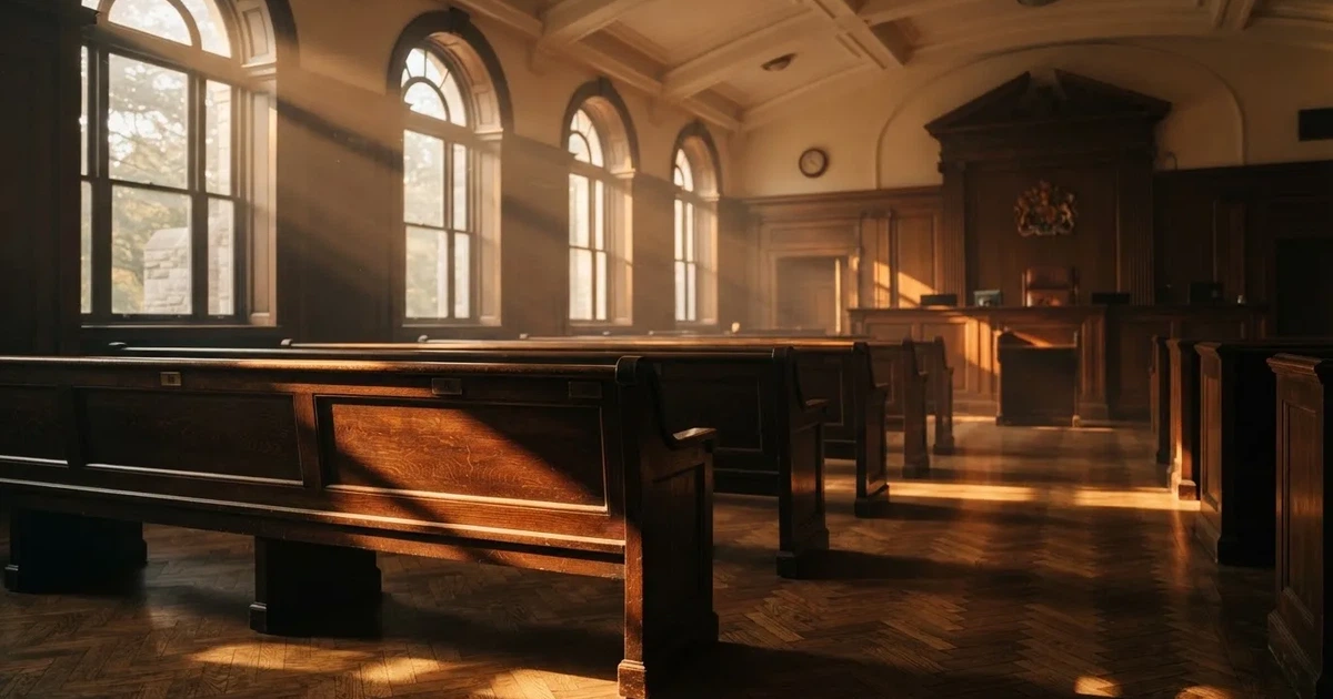 An empty courtroom with wooden benches in morning light