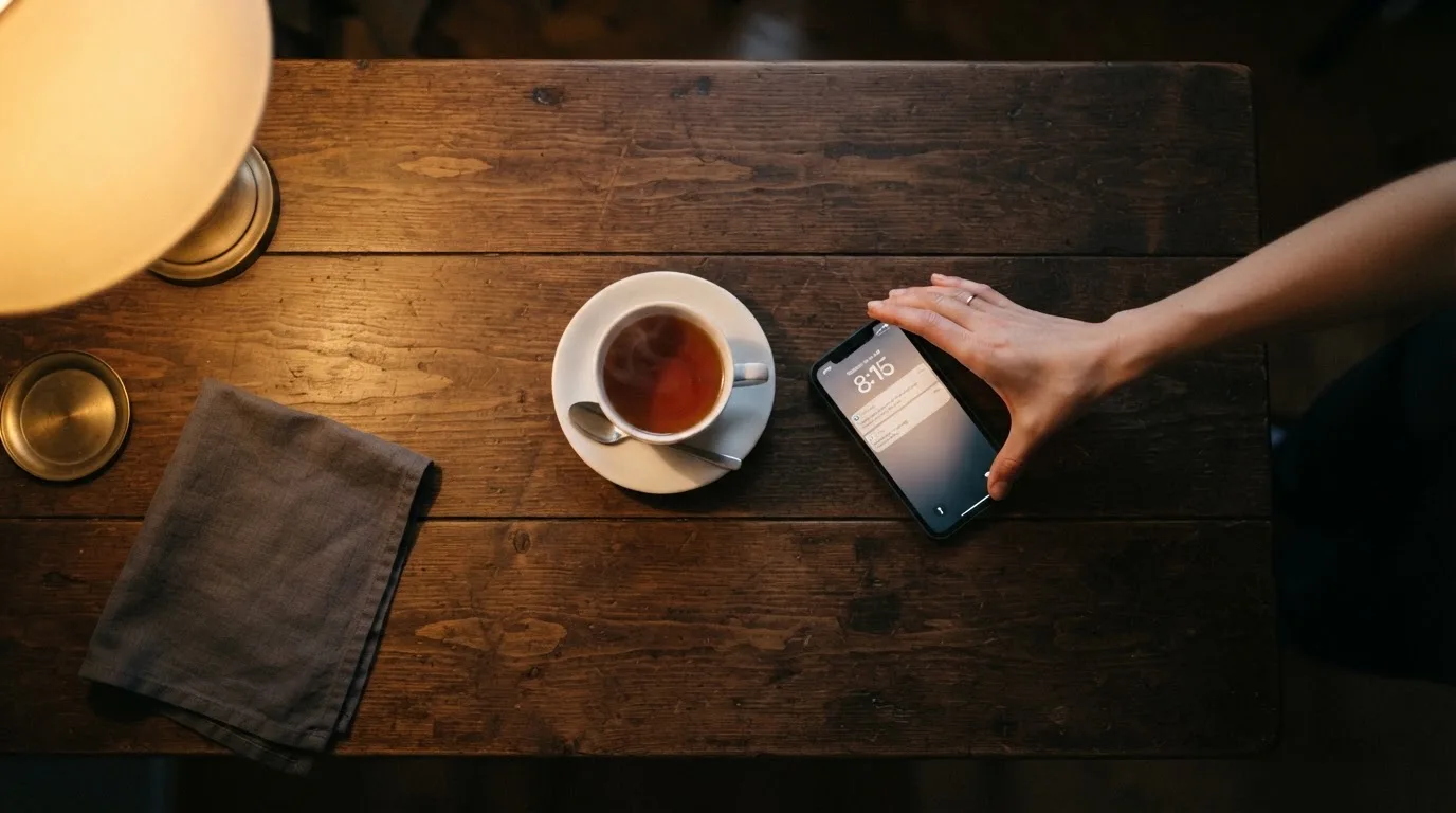 A hand setting a smartphone down beside a cup of tea on a kitchen table on a quiet evening