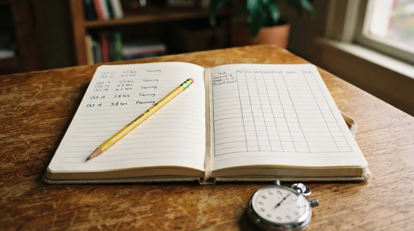 An open notebook with a pencil and a stopwatch on a wooden table