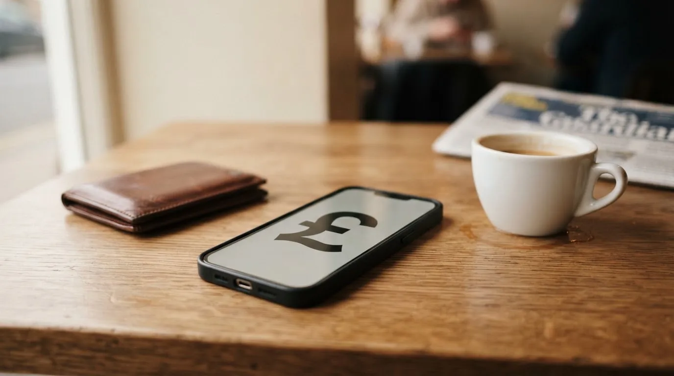 A smartphone on a wooden table beside a wallet and a coffee cup