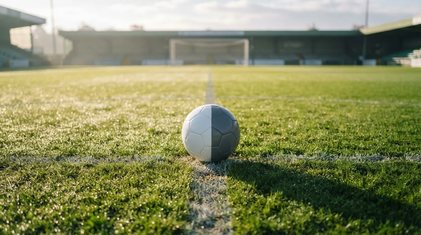 A ball on the centre spot of a grass pitch in morning light