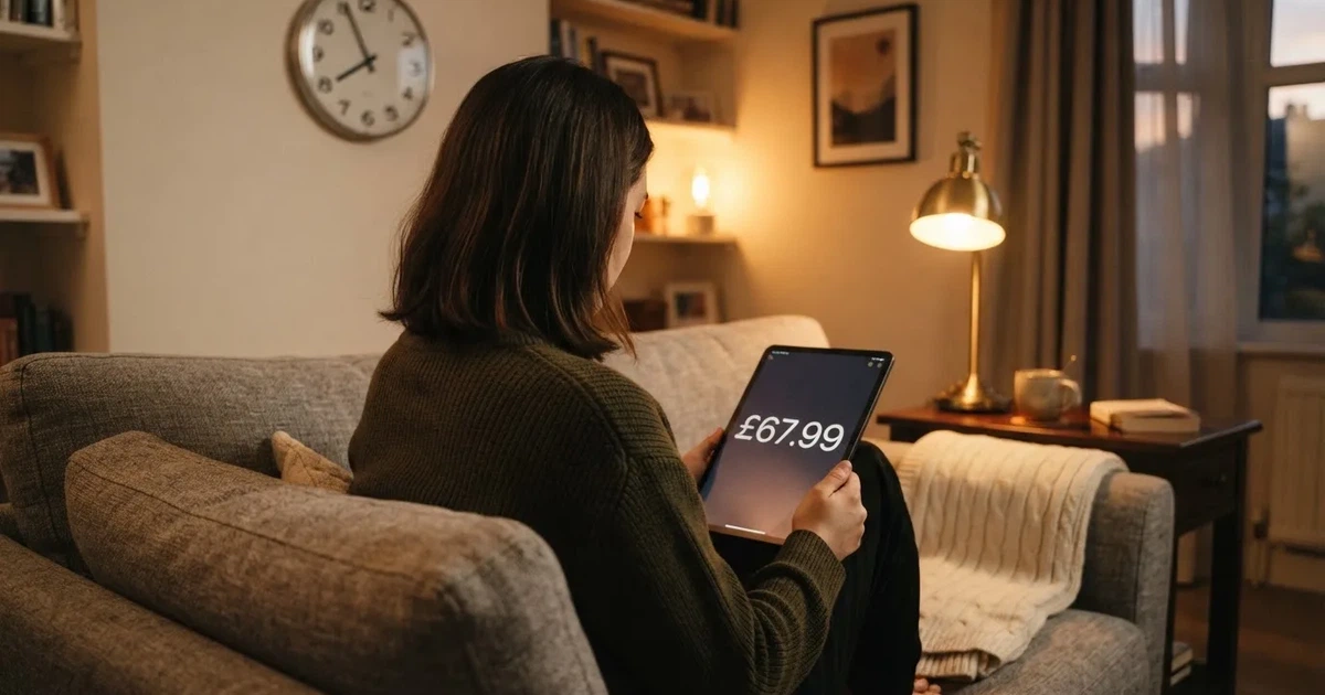 A person on a sofa looking thoughtfully at a tablet, a wall clock in the background