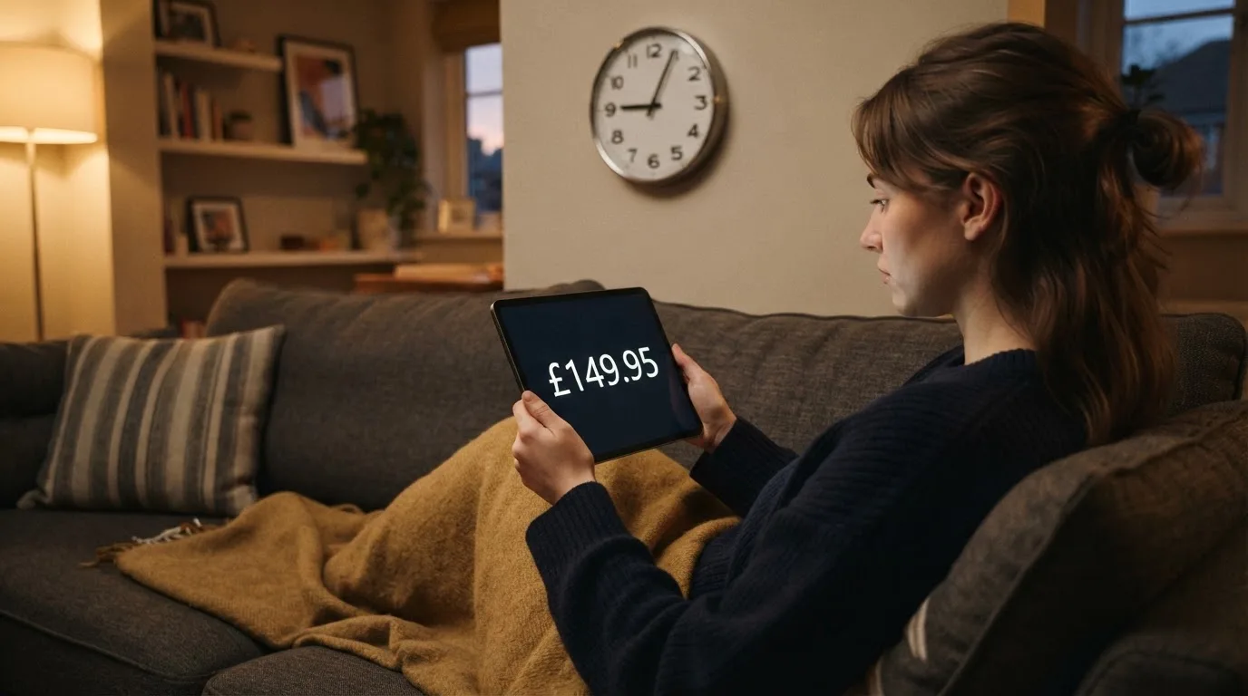 A person on a sofa looking thoughtfully at a tablet, a wall clock in the background