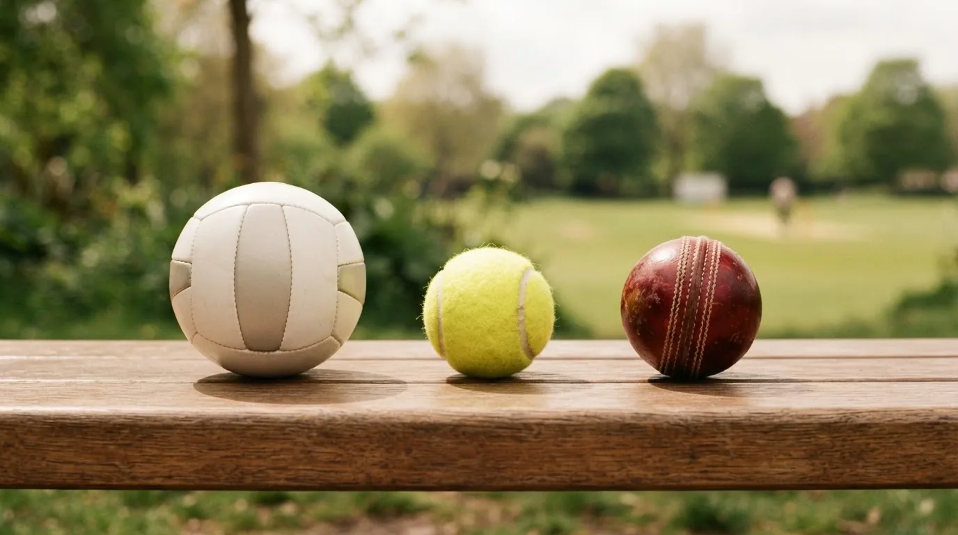 Three balls of different kinds side by side on a wooden bench