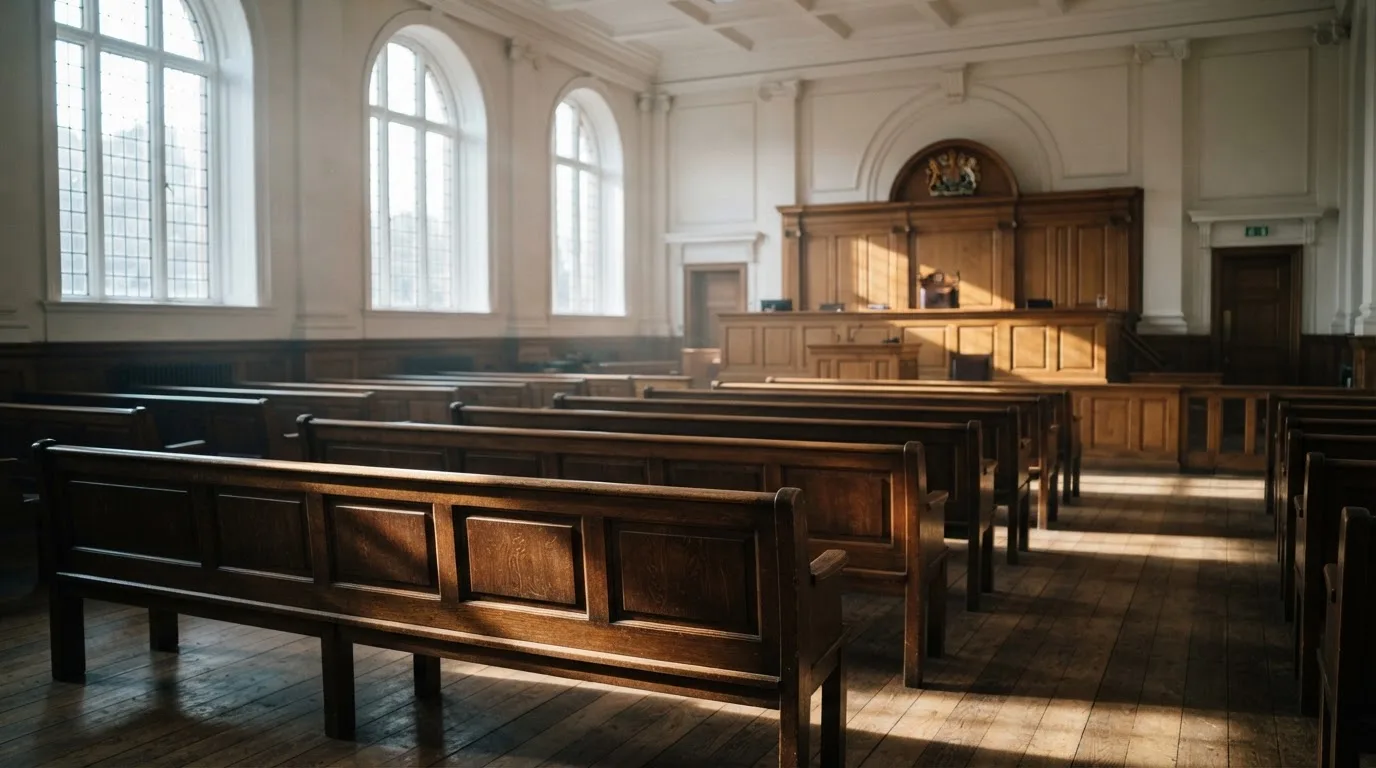 An empty courtroom with wooden benches in morning light