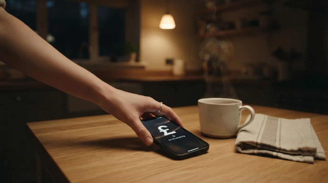 A hand setting a smartphone down beside a cup of tea on a kitchen table on a quiet evening