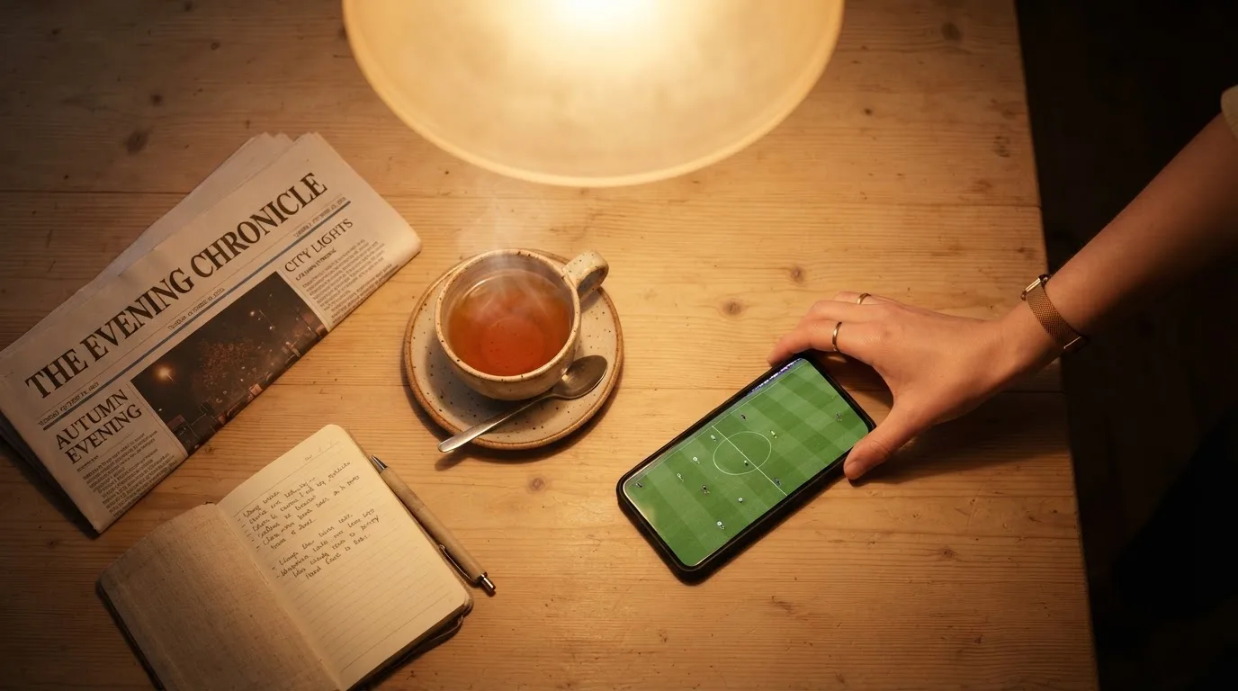 A hand setting a smartphone down beside a cup of tea on a kitchen table on a quiet evening