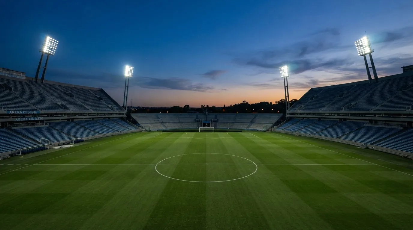 An empty football stadium with floodlight masts at dusk