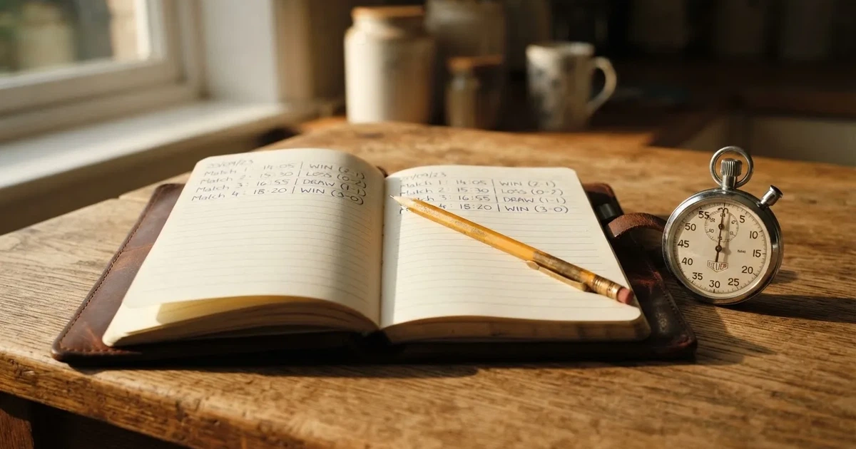 An open notebook with a pencil and a stopwatch on a wooden table