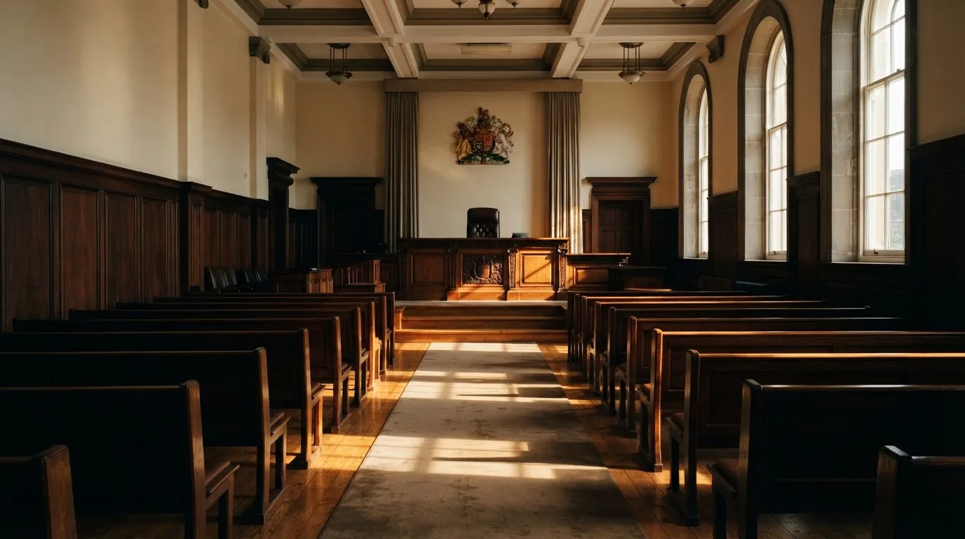 An empty courtroom with wooden benches in morning light