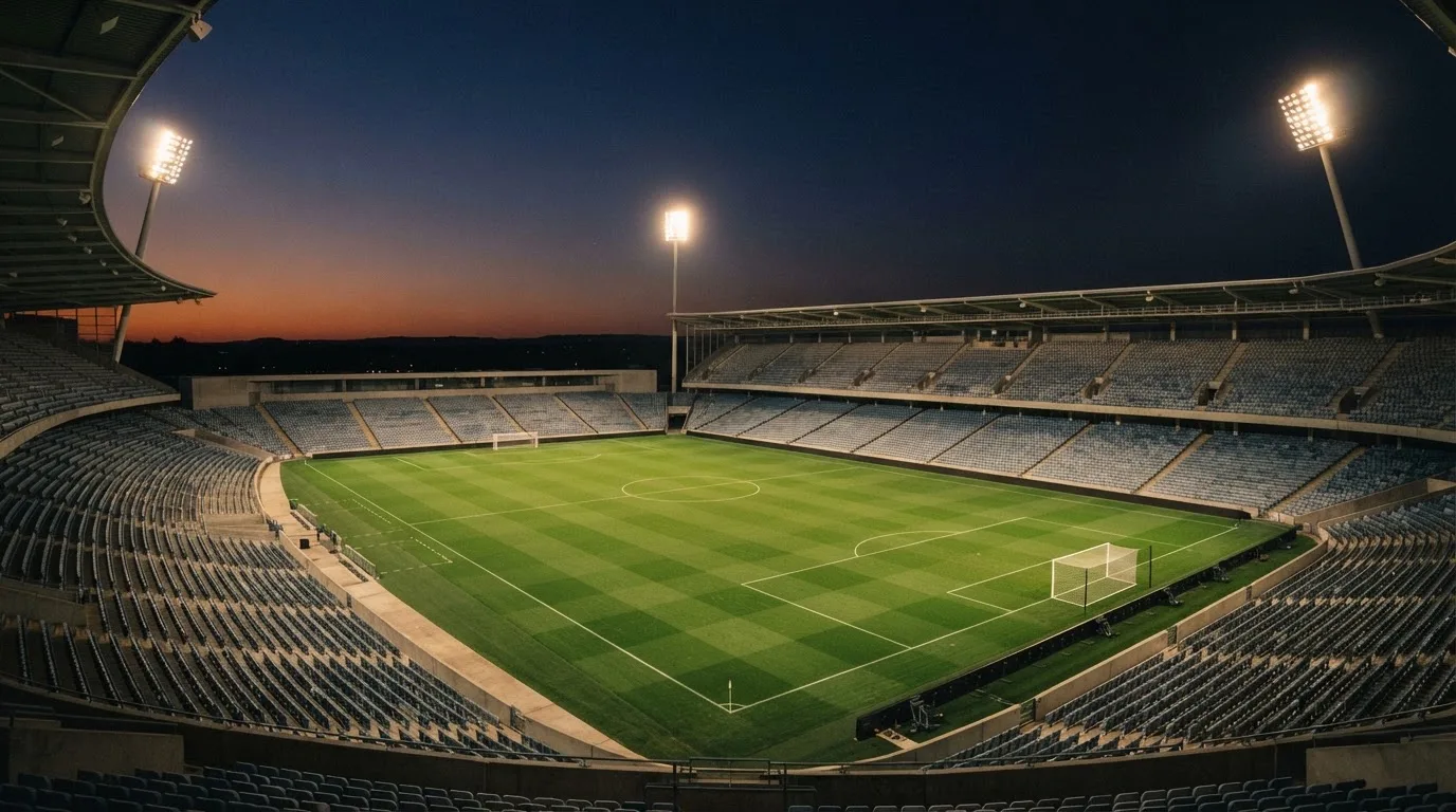 An empty football stadium with floodlight masts at dusk