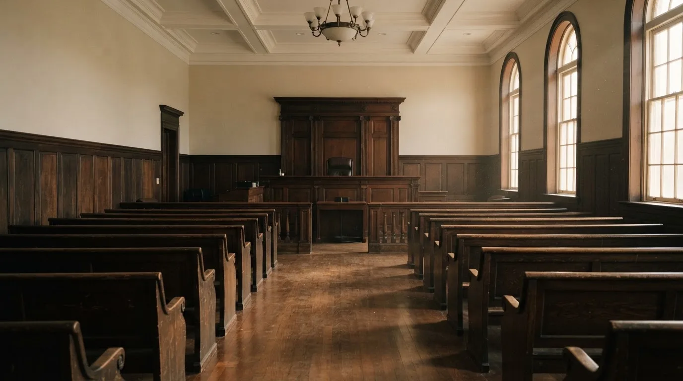 An empty courtroom with wooden benches in morning light
