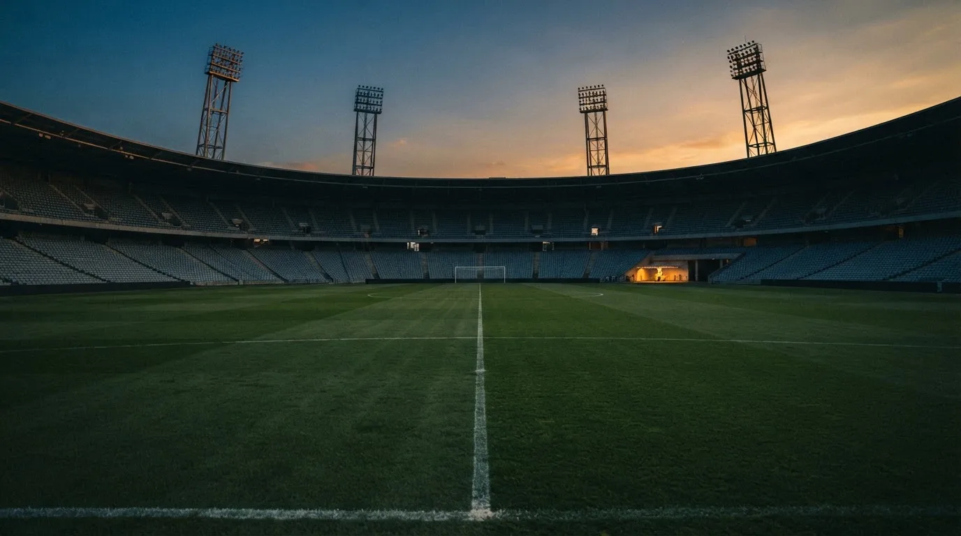 An empty football stadium with floodlight masts at dusk