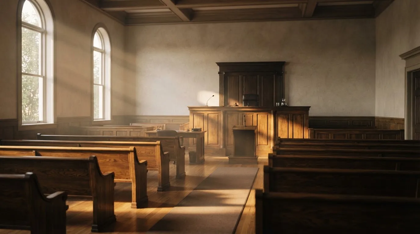 An empty courtroom with wooden benches in morning light
