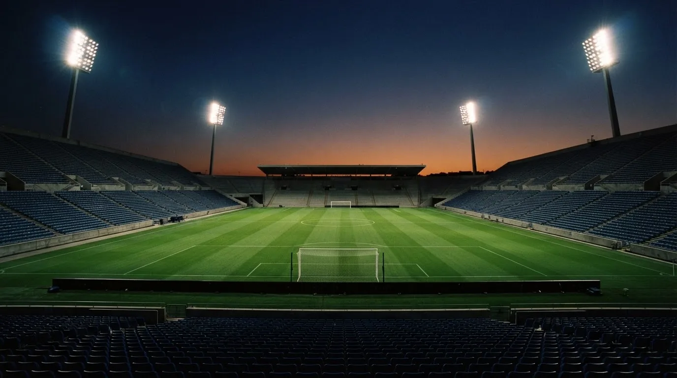 An empty football stadium with floodlight masts at dusk