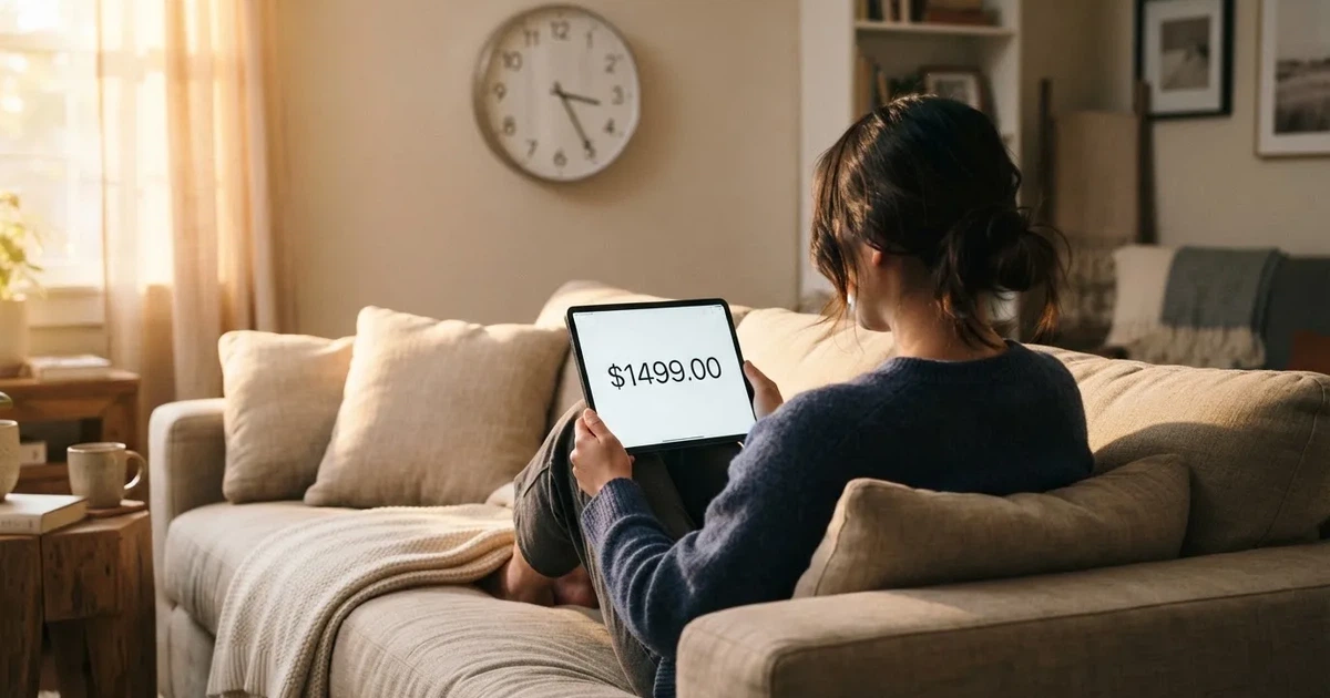 A person on a sofa looking thoughtfully at a tablet, a wall clock in the background