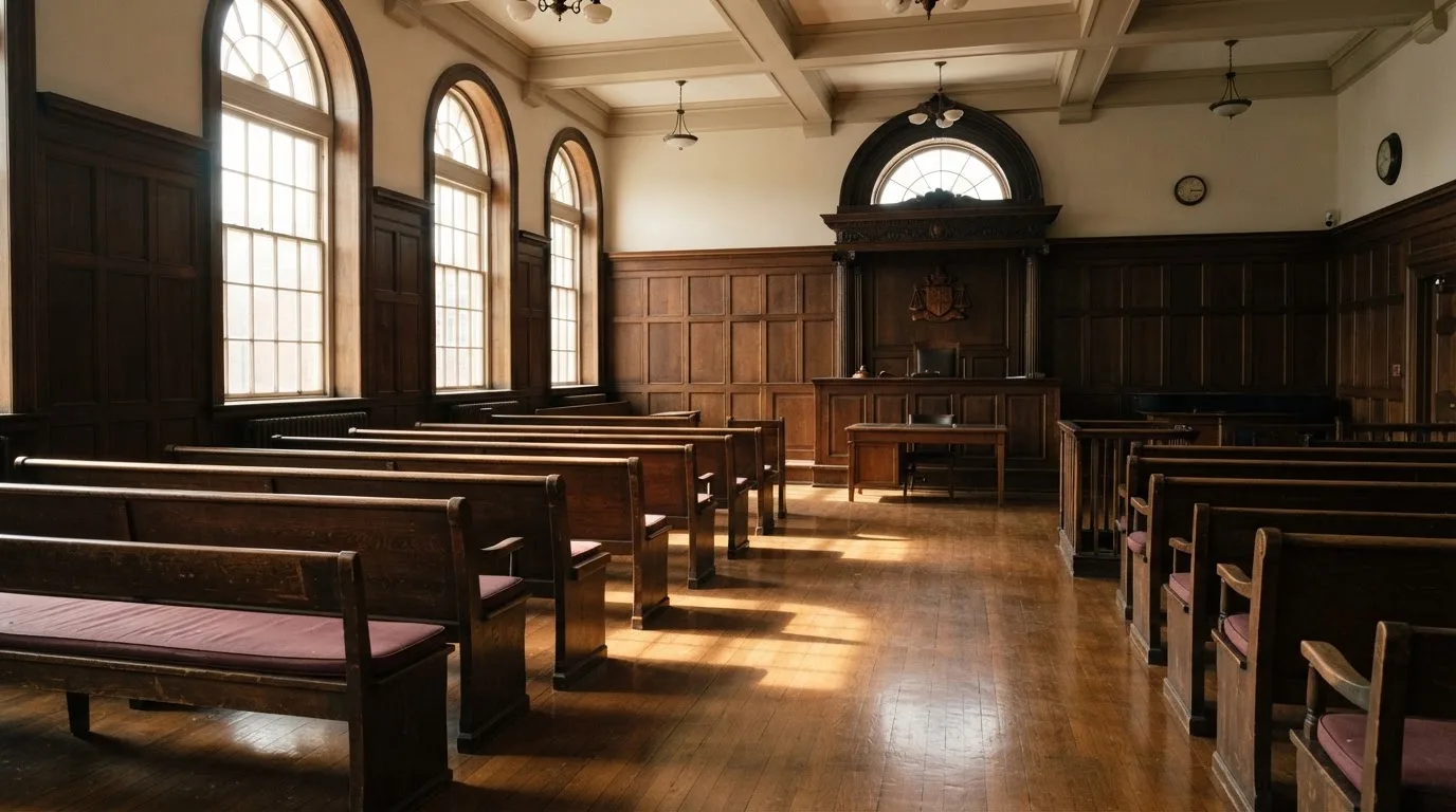 An empty courtroom with wooden benches in morning light